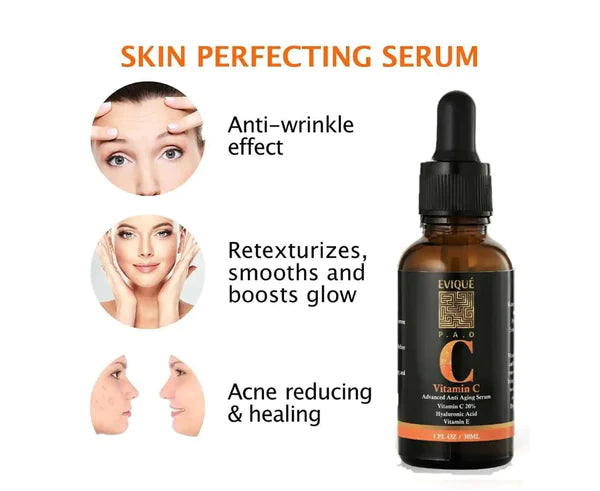 Evique Pure Vitamin C Serum with Hyaluronic Acid | Skin Brightening Serum for Face with 20% Vitamin C |Collagen Boost | 1 x 30ml - Evique