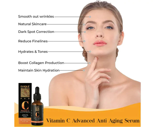 Evique Pure Vitamin C Serum with Hyaluronic Acid | Skin Brightening Serum for Face with 20% Vitamin C |Collagen Boost | 1 x 30ml - Evique