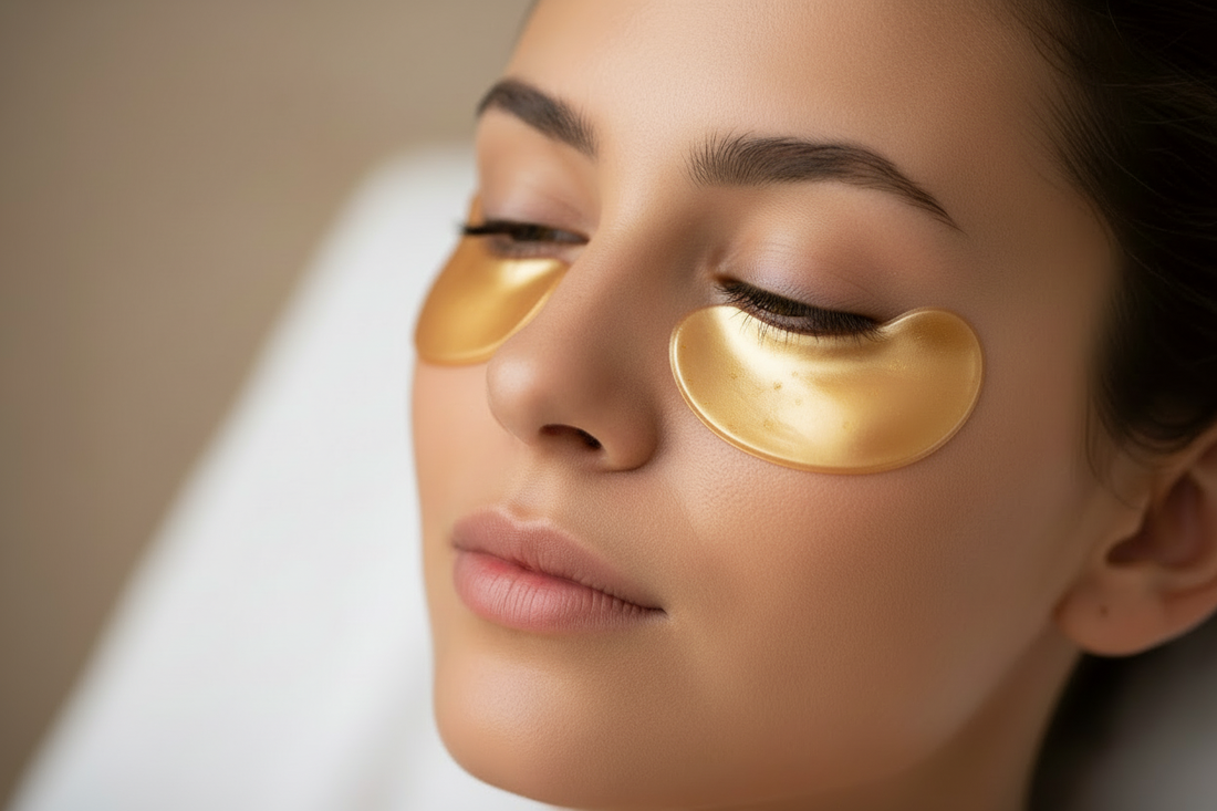 Collagen under eye masks applied to model’s under-eye area

